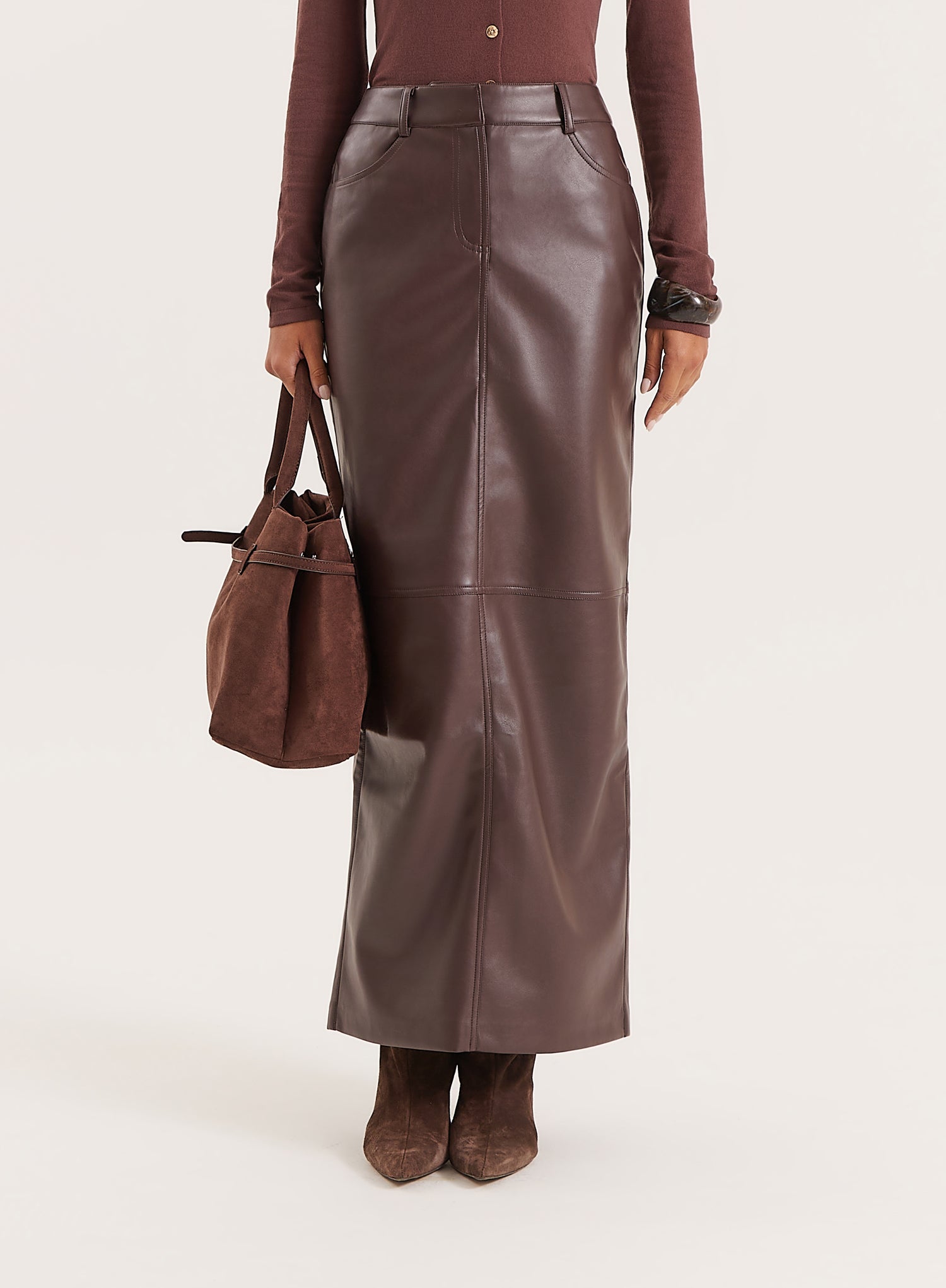 Chocolate Tailored PU Maxi Skirt